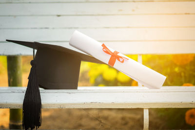 Close-up of certificate and mortarboard on bench