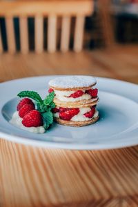 Close-up of fresh sweet food in served plate on table