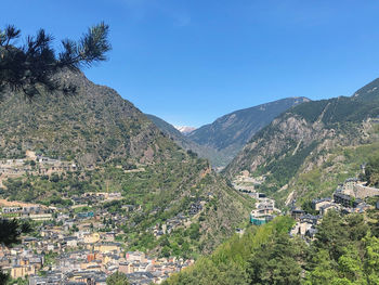 Scenic view of townscape against clear blue sky