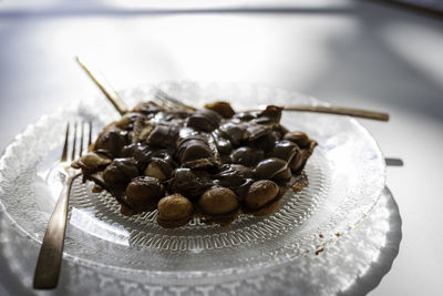 High angle view of ice cream in plate on table