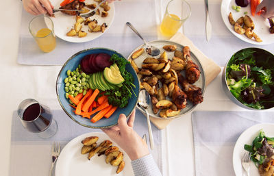 High angle view of food served on table