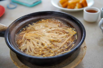 Close-up of soup in bowl on table