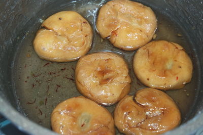 High angle view of food in cooking pan