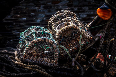 High angle view of fishing net at beach