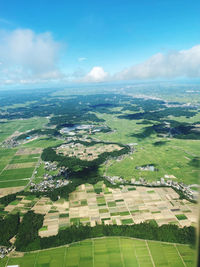 High angle view of agricultural field against sky