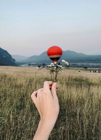 Cropped image of woman holding flower against hot air balloon