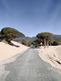 Road amidst trees against clear sky