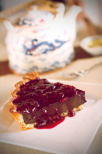 Close-up of strawberry tart on table