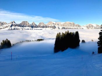 Scenic view of frozen lake against clear blue sky