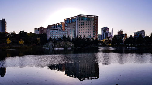 Reflection of buildings on lake against sky in city
