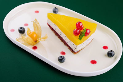 High angle view of dessert in plate on table