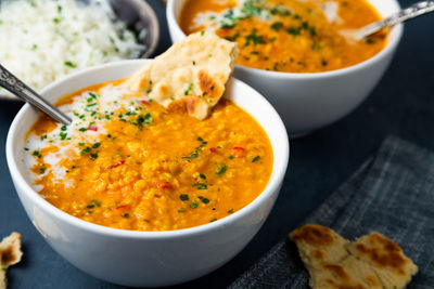 High angle view of food in bowl on table