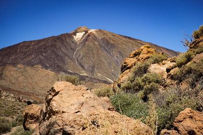 Scenic view of mountains against clear blue sky
