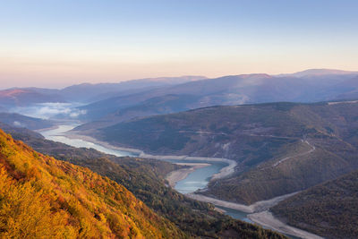 High angle view of mountains against clear sky