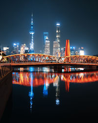 Illuminated bridge over river by buildings against sky at night