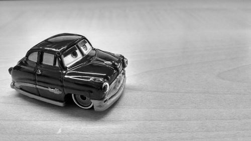 High angle view of toy car on table