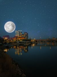 Reflection of illuminated city at night, saskatoon night moon reflection from the river 