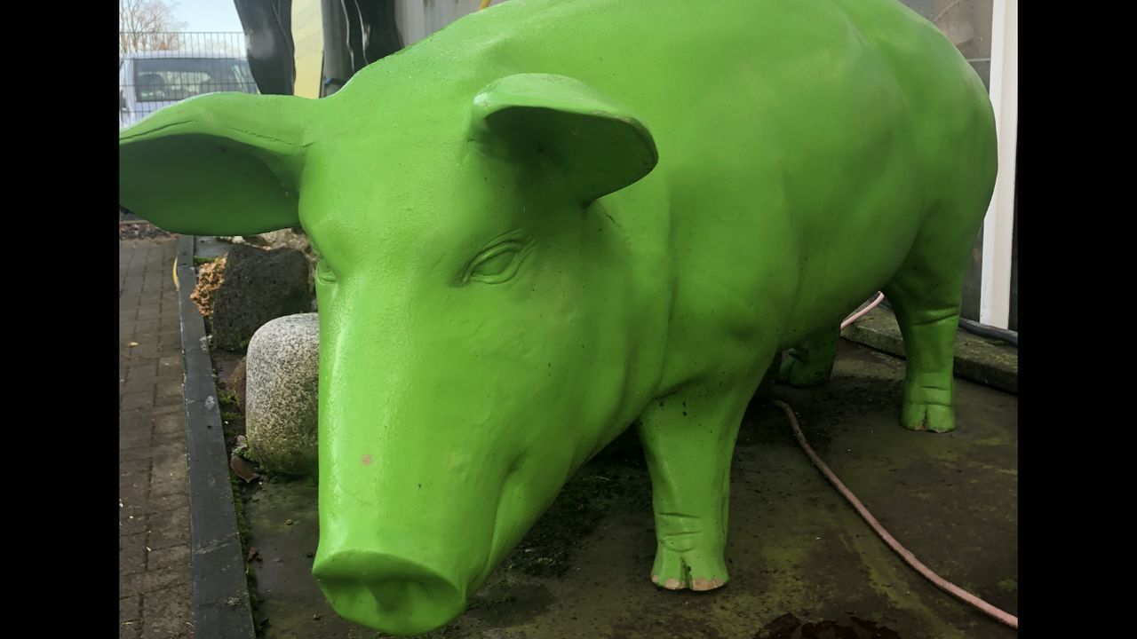 CLOSE-UP OF GREEN STATUE AGAINST BLURRED BACKGROUND