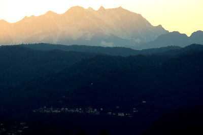 Scenic view of silhouette mountains against sky at sunset