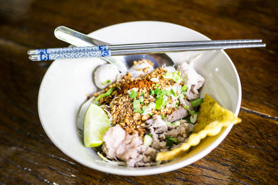 High angle view of food in bowl on table