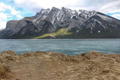 Scenic view of lake against cloudy sky