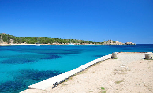 Scenic view of sea against clear blue sky