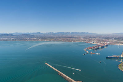 Aerial view of sea against clear blue sky