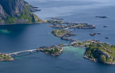 High angle view of boats on sea shore