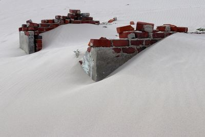 Snow covered land against clear sky