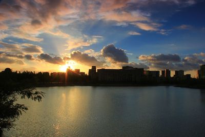 River with buildings in background at sunset