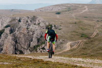 Rear view of man walking on mountain