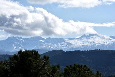 Scenic view of snowcapped mountains against sky