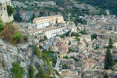 High angle view of buildings in town