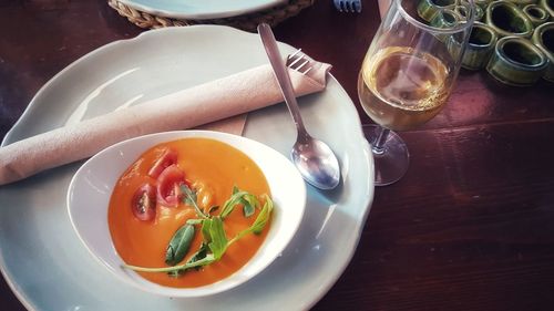 High angle view of soup in bowl on table