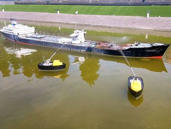 High angle view of boats moored in lake