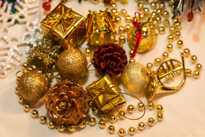 High angle view of christmas decorations on table