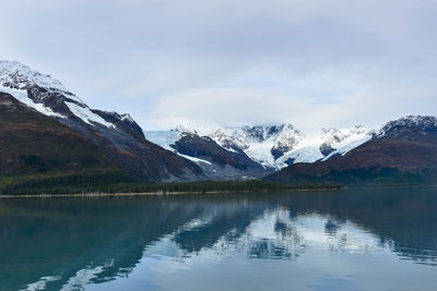 Scenic view of lake and snowcapped mountains against sky