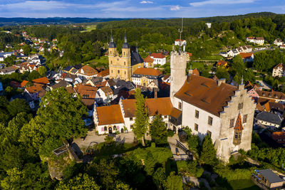 High angle view of buildings in city