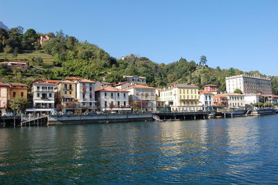 Scenic view of lake against clear blue sky