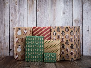 High angle view of gift boxes on table