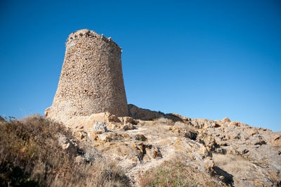 Low angle view of fort against clear blue sky