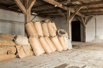Stack of sacks in old factory