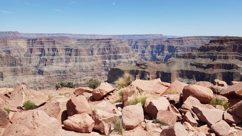 Aerial view of rock formations on landscape against sky