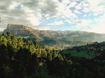 Scenic view of mountains and trees against sky