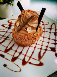 High angle view of dessert in plate on table