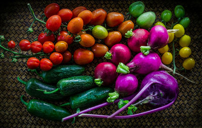 Directly above view of fresh vegetables in wicker table