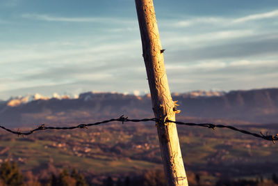 Close-up of barbed wire fence against sky during sunset