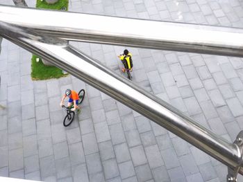High angle view of bicycling on road