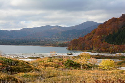 Scenic view of lake and mountains against sky