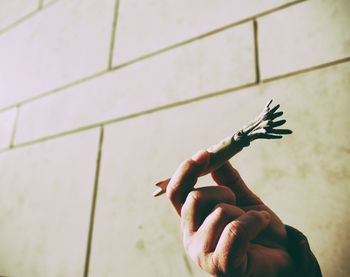 Close-up of hand holding cigarette against wall